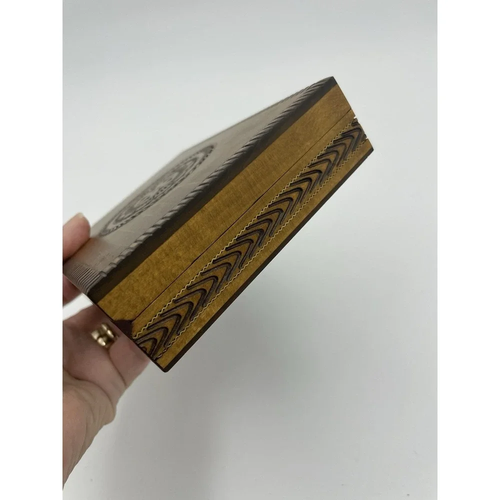 Vtg‎ Wooden  Polish Etched Carved Card Trinket Hinged Box Gold Inlay 4.5 x 6